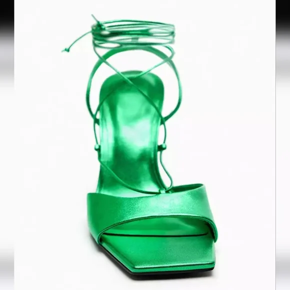 NWOT Zara Metallic Green Lace-up Leather Sandals, Size 7.5 - Picture 3 of 17